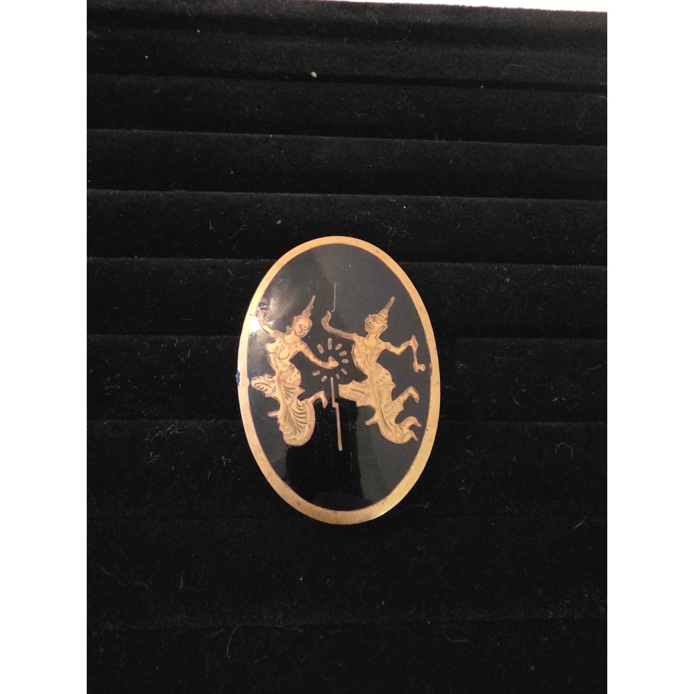 Vintage Amfarco Siam Niello Brooch Black Gold Oval Thai Dancer Pin Mid-Century